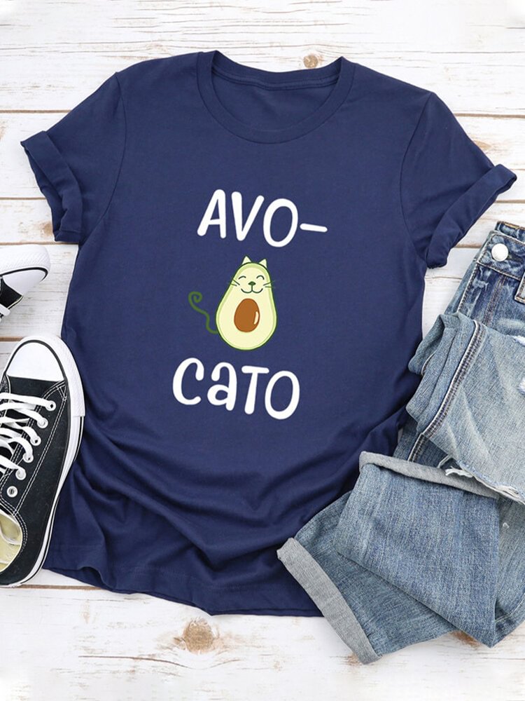 Cartoon Avocado Printed Letter Short Sleeve Casual T shirt P1666282