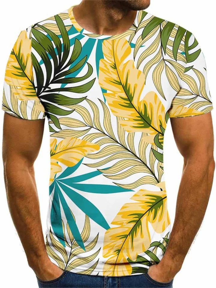 New Men's 3D Digital Leaf Pattern T-shirt Short-sleeved Top Printed Fashion Round Neck T-shirt-JRSEE