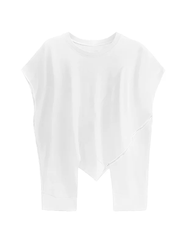 Roomy Short Sleeves Asymmetric Split-Joint Zipper Round-Neck T-Shirts