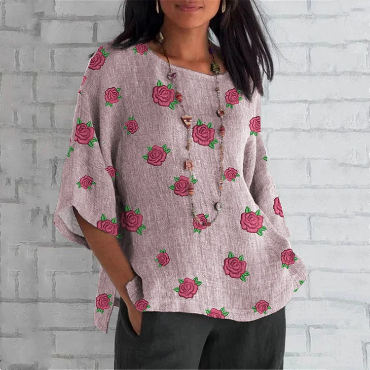Comstylish Retro Pink Floral Embroidery Art Linen Blend Cozy Tunic
