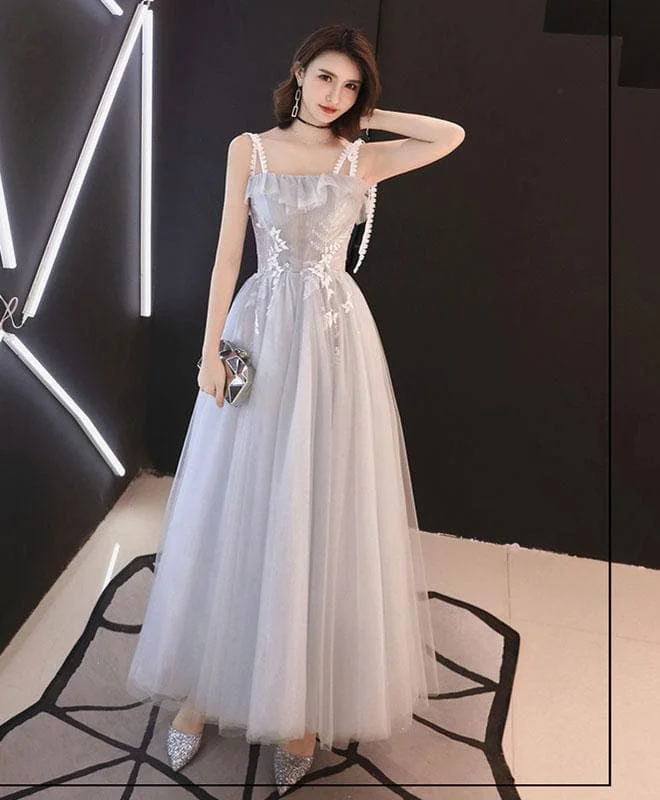 Gray Tulle Tea Length Prom Dress, Gray Tulle Evening Dress
