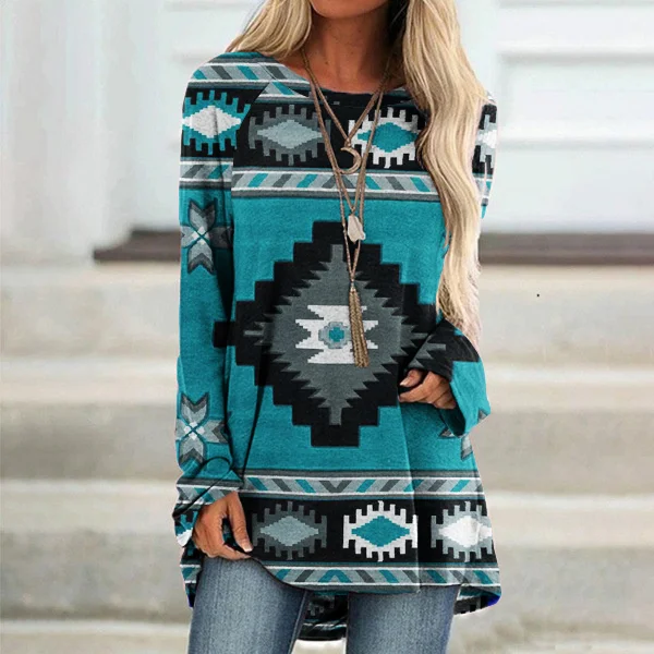 Vefave Vintage Western Print Long Sleeve Casual Tunic