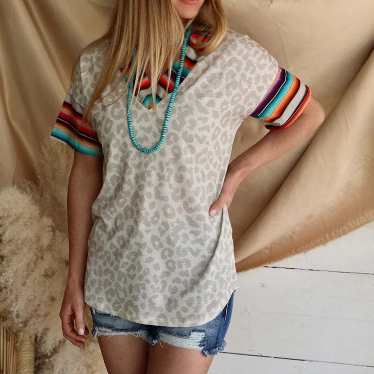 Casual Western Print Panel Leopard T-Shirt