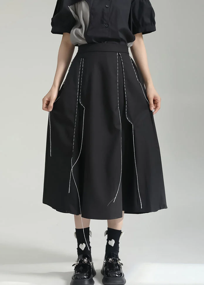 Italian Black Wrinkled Pockets Patchwork Cotton Skirts Fall