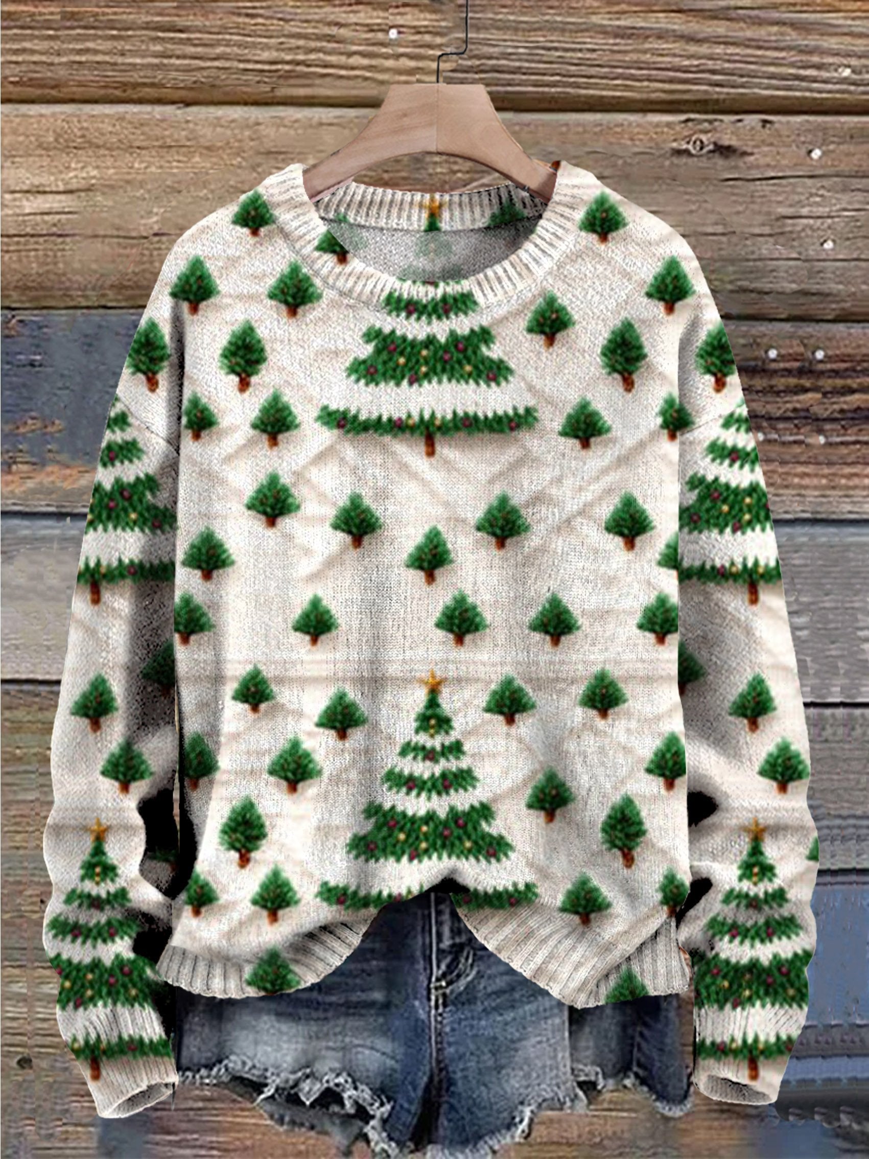 Christmas Tree Claus Print Knit Pullover Sweater christmas-tree-claus-print-knit-pullover-sweater