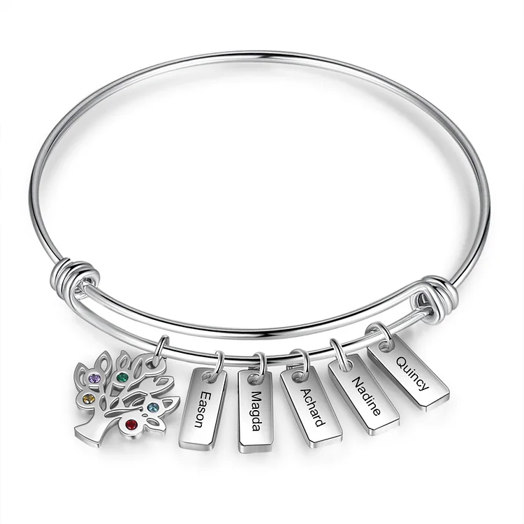 Family Tree Bangle Personalized 5 Birthstones and Names Bracelet for Her