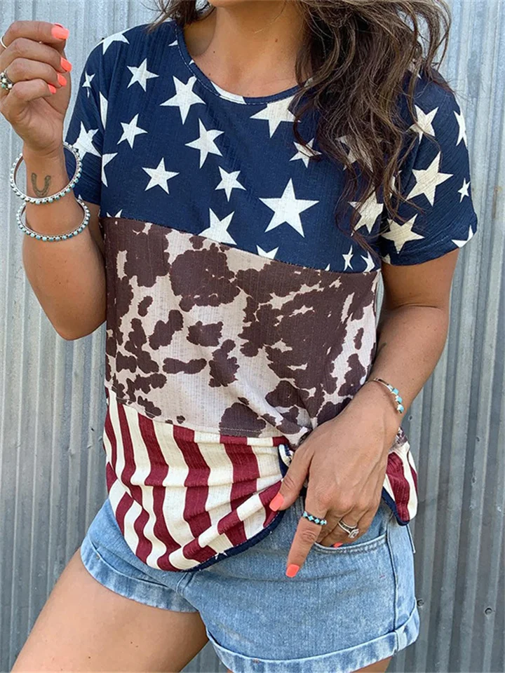 Summer Explosion Women's Stripes / Plaid Print Round Neck Short-sleeved Loose Type T-shirt Female Comfortable Casual Tops Kmmey