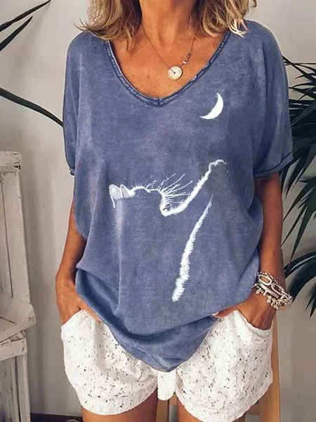 Bestdealfriday Cat And Moon V Neck Long Sleeve Cotton Blend Shirt