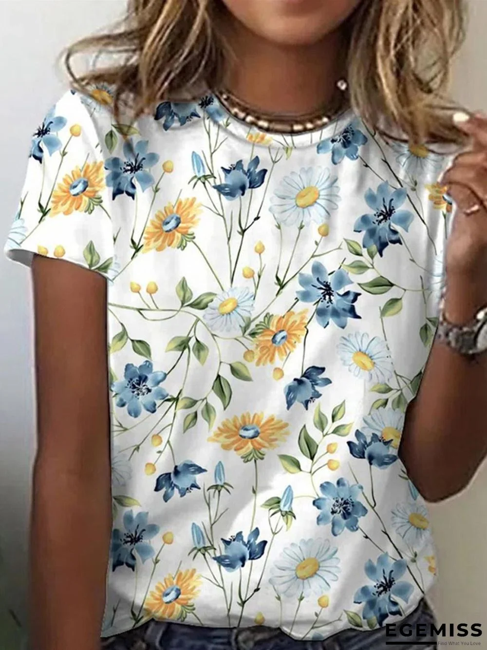 Fashion Flower Print Short Sleeve T-Shirt | EGEMISS