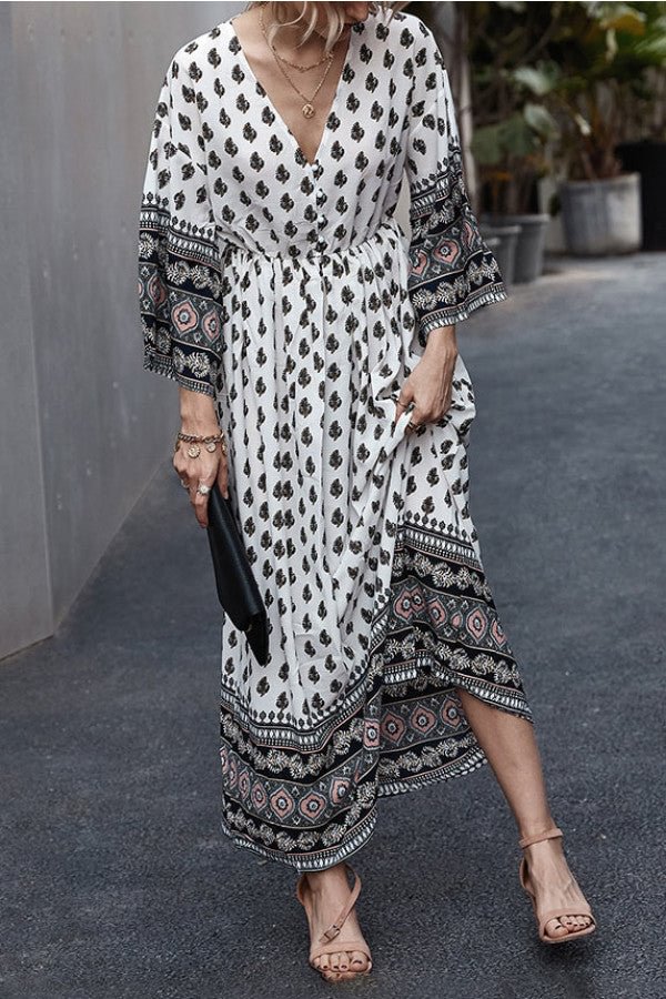 Boho V-neck Buttoned Print Maxi Dress - BlackFridayBuys