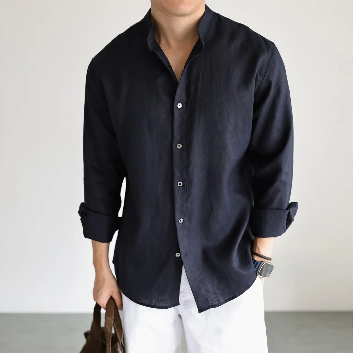 100% European Linen Shirt Stand Collar for Men REAL SILK LIFE