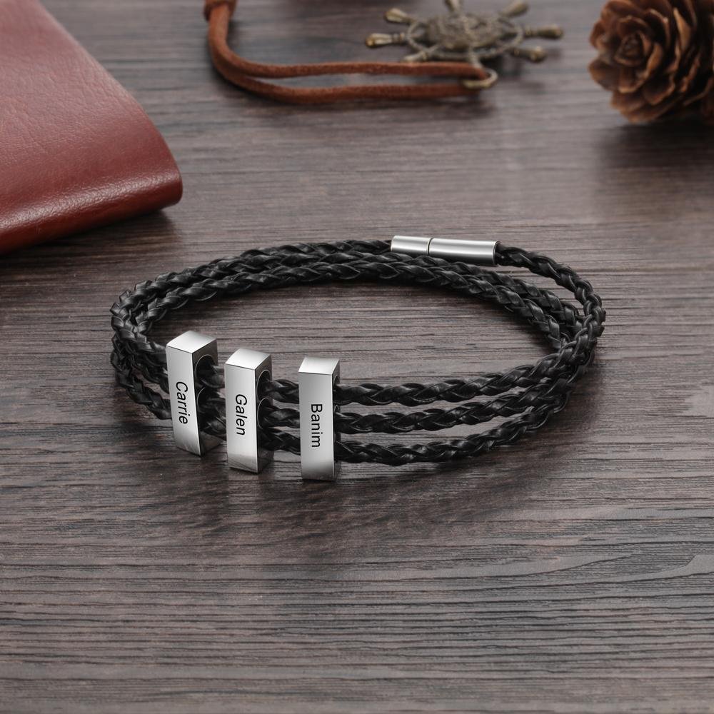 Bracelet Cuir tressé Prénom Personnalisé Bracelet Homme Avec 2 Perles