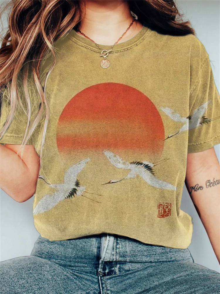 Comstylish Flying Cranes Sunrise Japanese Art Vintage T Shirt