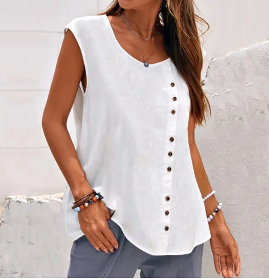 Cotton and Linen T-shirt Large Size Casual Loose Woven Sleeveless Pullover Vest VangoghDress