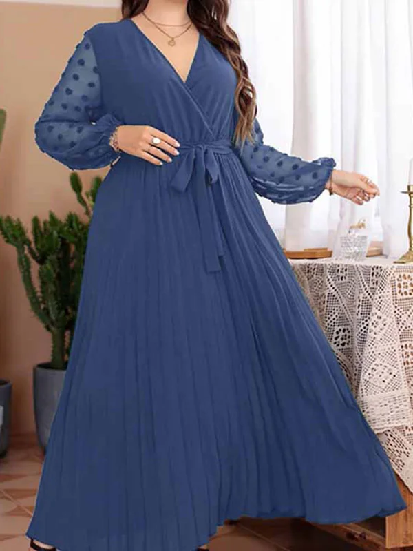 Pleated See-Through Solid Color Tied Waist Long Sleeves Loose V-Neck Maxi Dresses