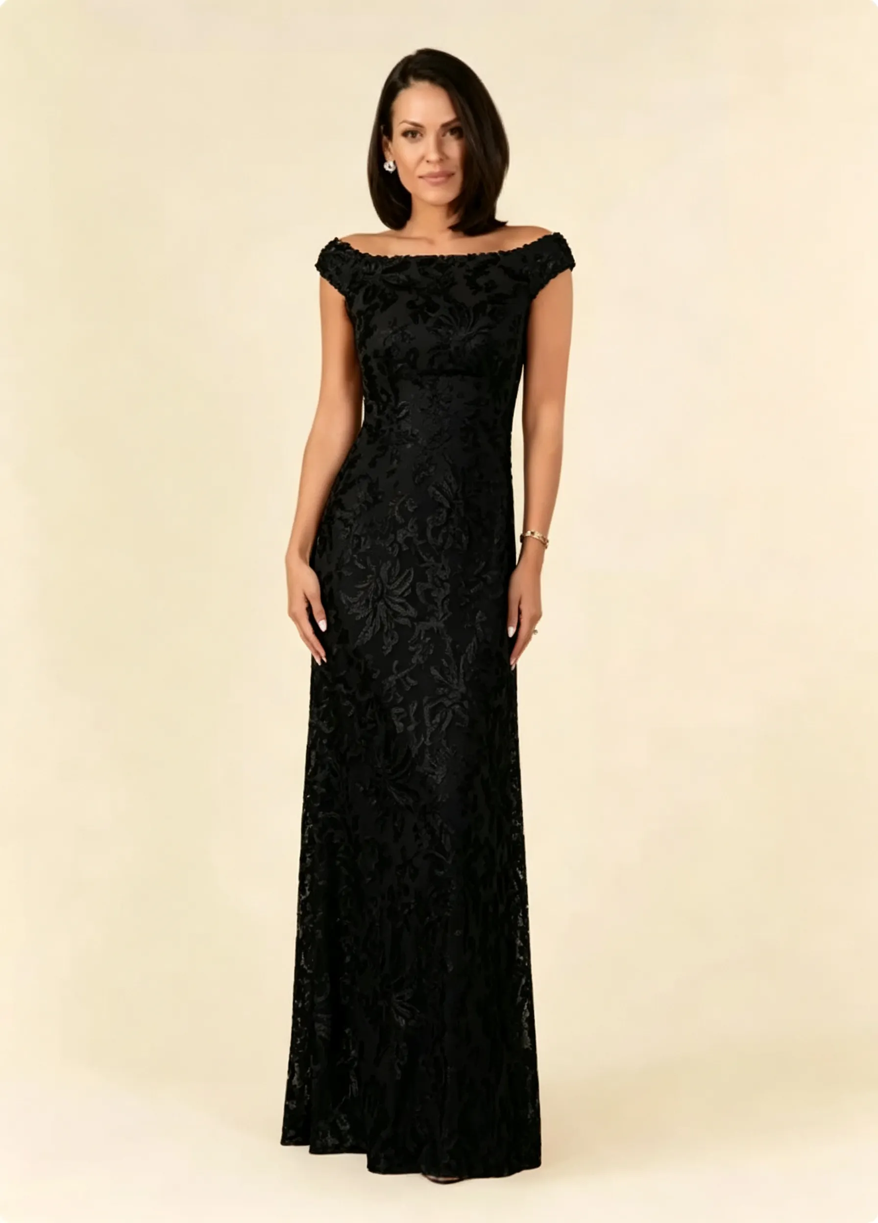Daisda Off-The-Shoulder Boat Neck Cap Sleeves Long A-Line Embroidery Mother Of The Bride Dress