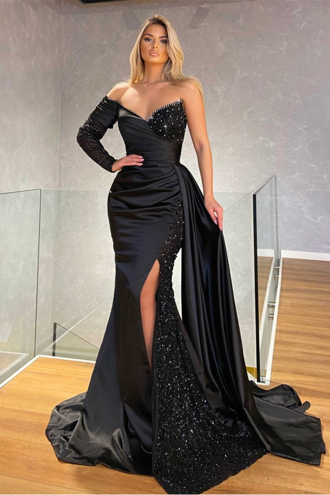 Long Sleeves Black Sweetheart Mermaid Prom Dress With Sequins