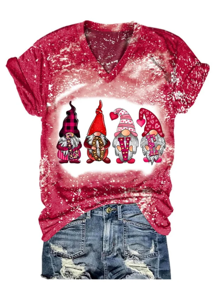 Love Valentine Gnome Bleached Casual T Shirt