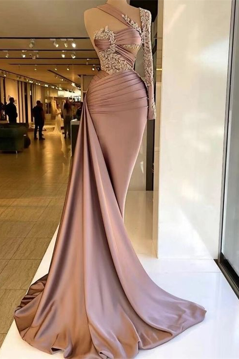 Dresseswow Dusty Pink Long Sleeve Mermaid Prom Gown With Appliques Ruffles One Shoulder