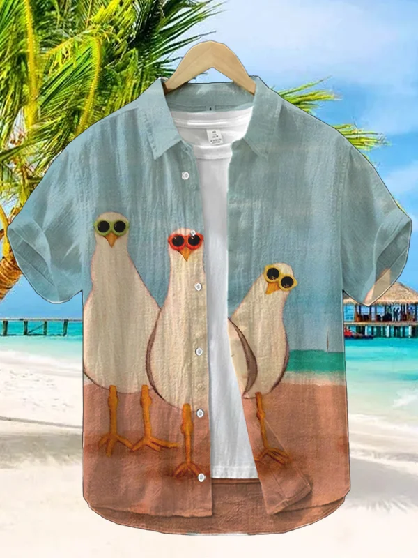 Men's Funny Three Doves Print Short Sleeve Shirt