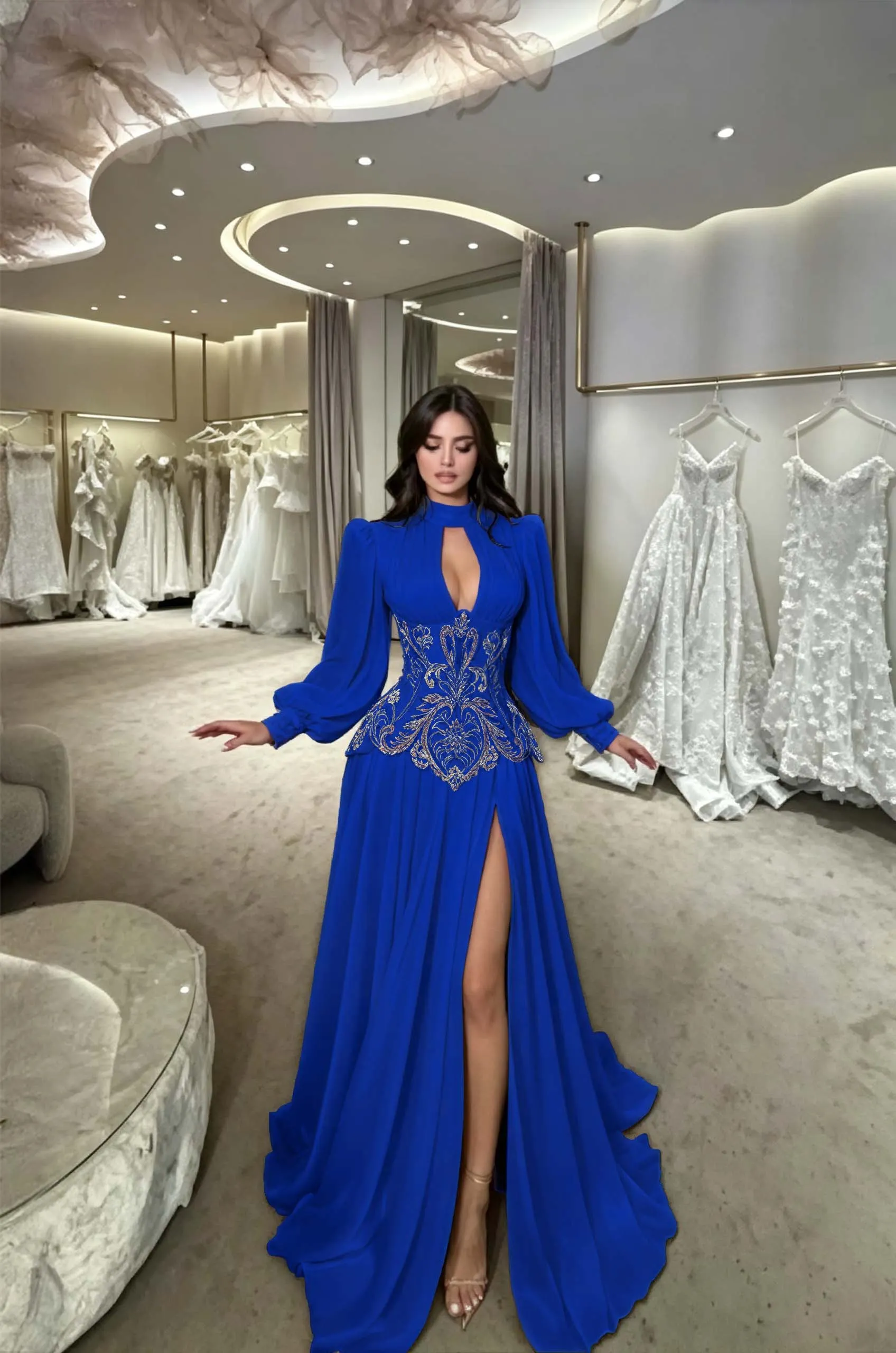 Daisda Elegant Black High Neck Embroidery Long Sleeves Prom Dress With Split