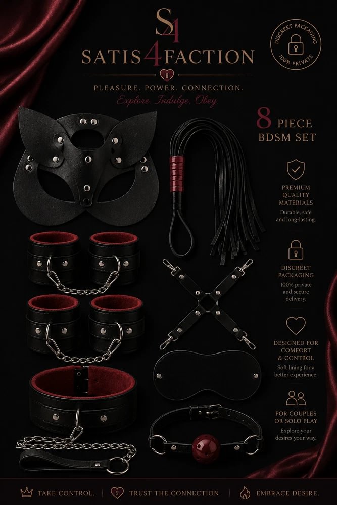 pornhint Pornhint 8PC BDSM Bondage Kit Leather Restraint Set Handcuffs Collar Blindfold Mask BDSM