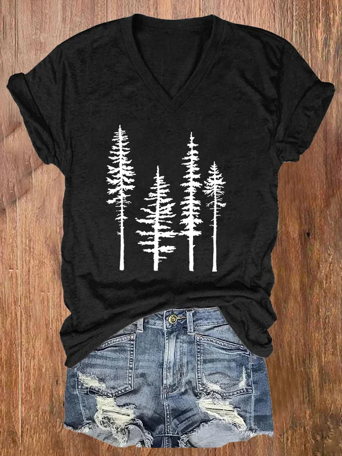 V-neck Pine Tree Print Women's T-shirt