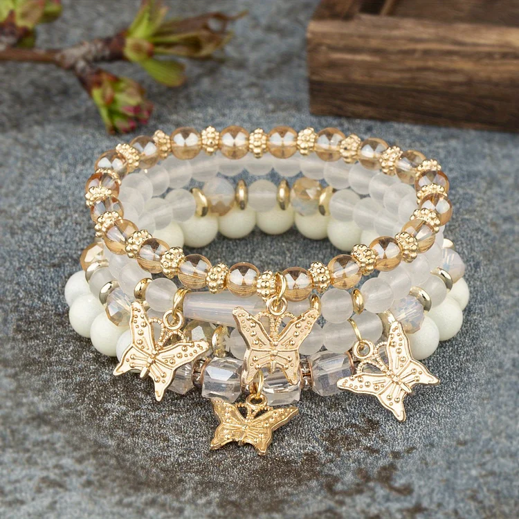 4pcs Bohemian Bracelets Creative Hand Jewelry Butterfly Crystal Multilayer Stretch Beaded Bracelets