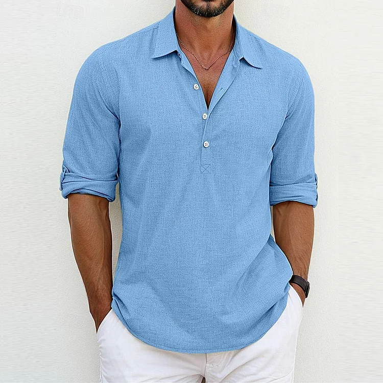 Men's Large Size Solid Color Lapel Shirt Home Casual Fashion Sleeve Ring Shirt Top socialshop