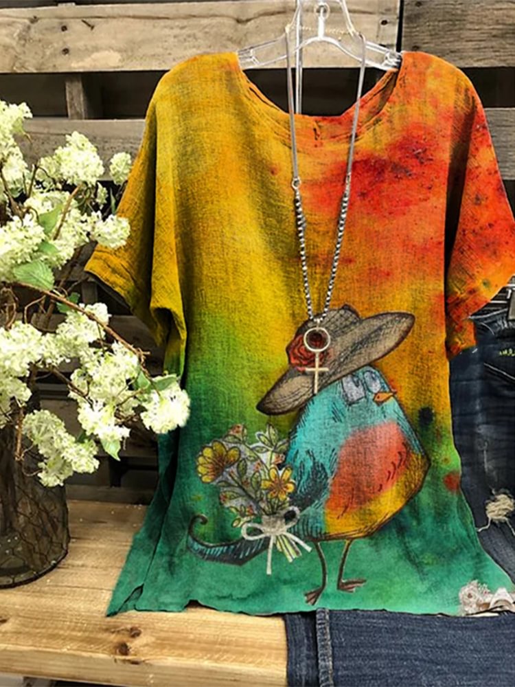 Round Neck Printed Loose Pullover Short Sleeve T Shirt P181527977