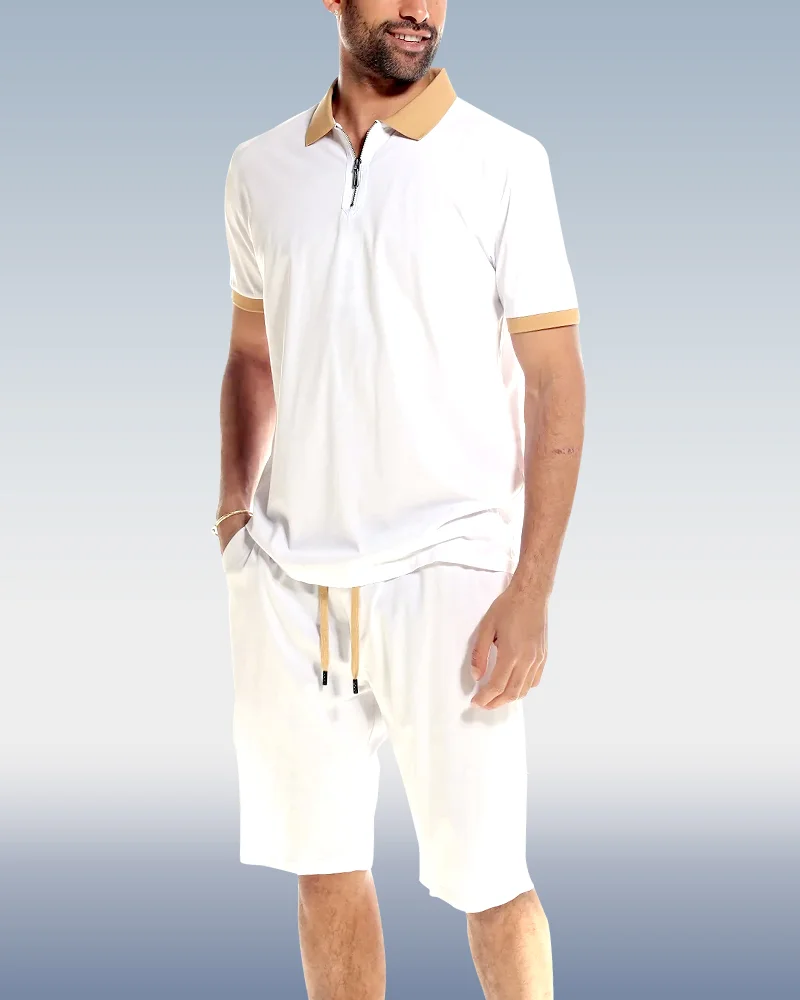 Men's White Polo Shirt 2 Piece Shorts Set