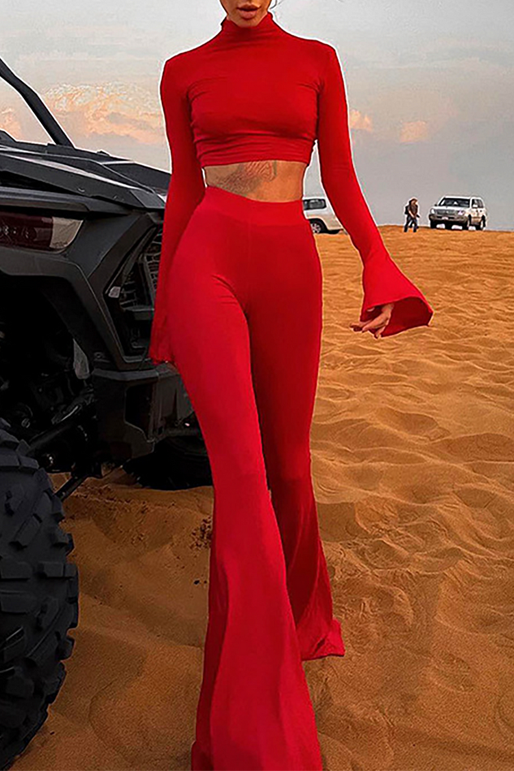 Stand Collar Flared Sleeve Crop Top Flared Pants Matching Set-Red