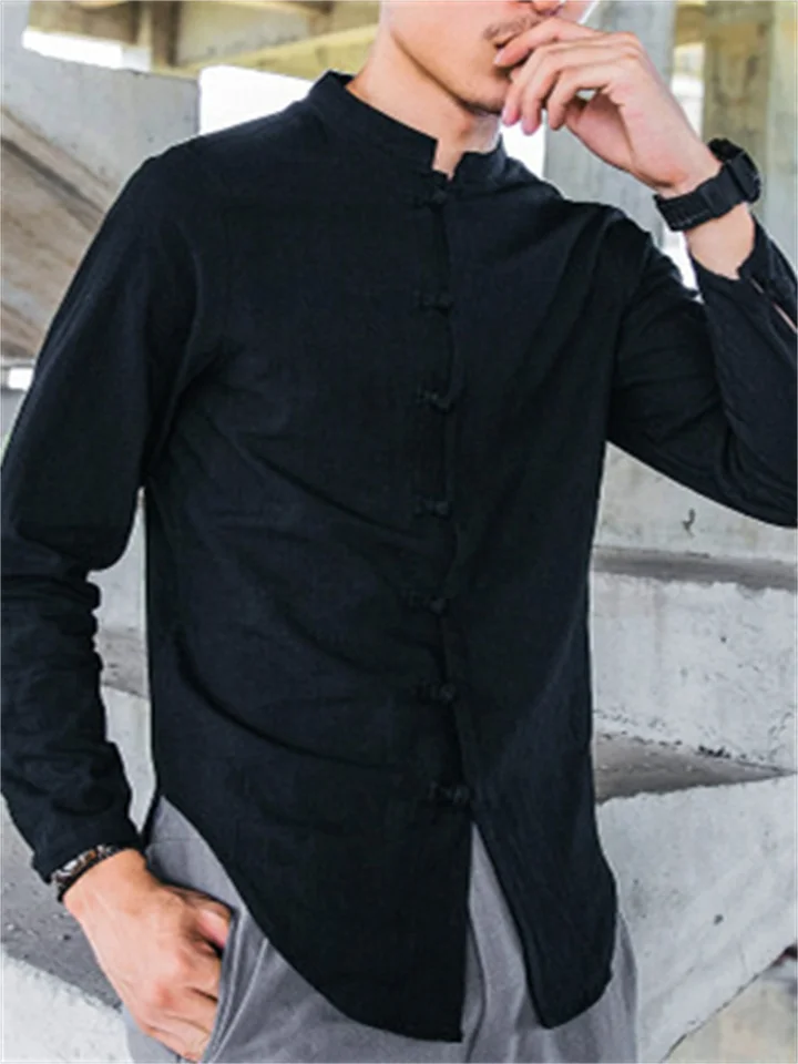 Autumn New Long-sleeved Stand-up Collar Shirt Men's Plus Size Retro Cotton Disk Buckle Solid Color Casual Shirt