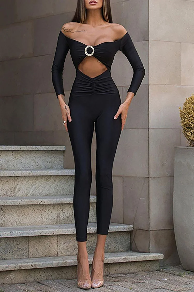Rhinestone O-Ring Decor Off Shoulder Long Sleeve Cut Out Slim Fit Jumpsuit-Black