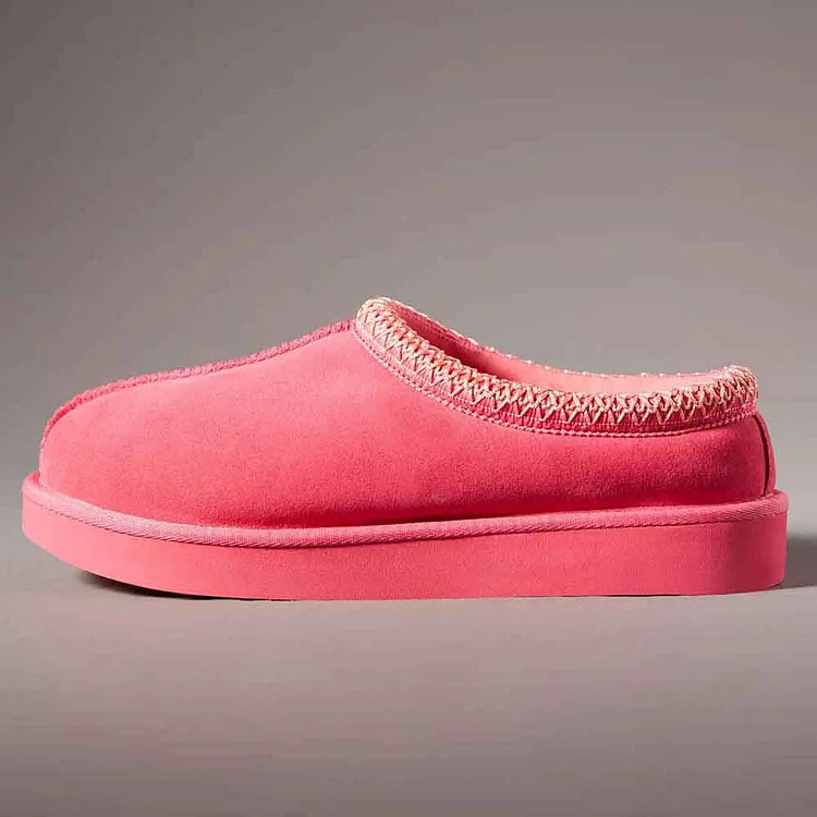 Women's Lovely Round Toe Fur Lining Flat Winter Slippers in Pink |FSJ Shoes