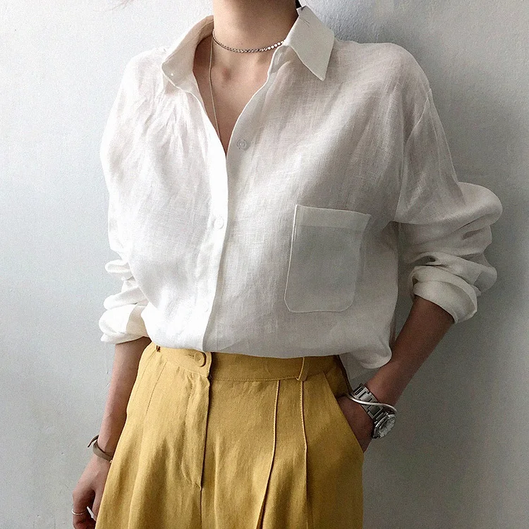 Women's Daily Linen Solid Color Single Breasted Chest Pocket Long Sleeve Blouse