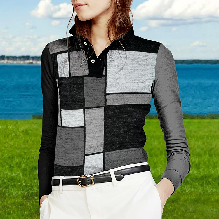 Vefave Stand-Up Collar Square Check Print POLO Shirt