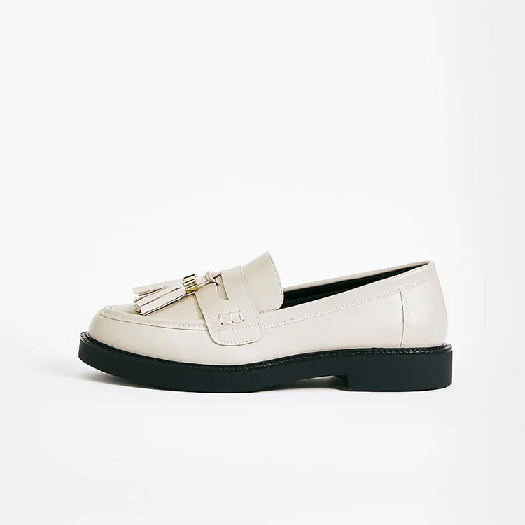 Beige Round-Toe Slip On Flats Fringe Decor Platform Loafers |FSJ Shoes