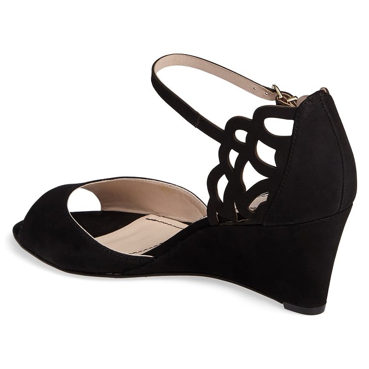 FSJ Black Wedge Sandals Peep Toe Laser Cut Heels |FSJ Shoes