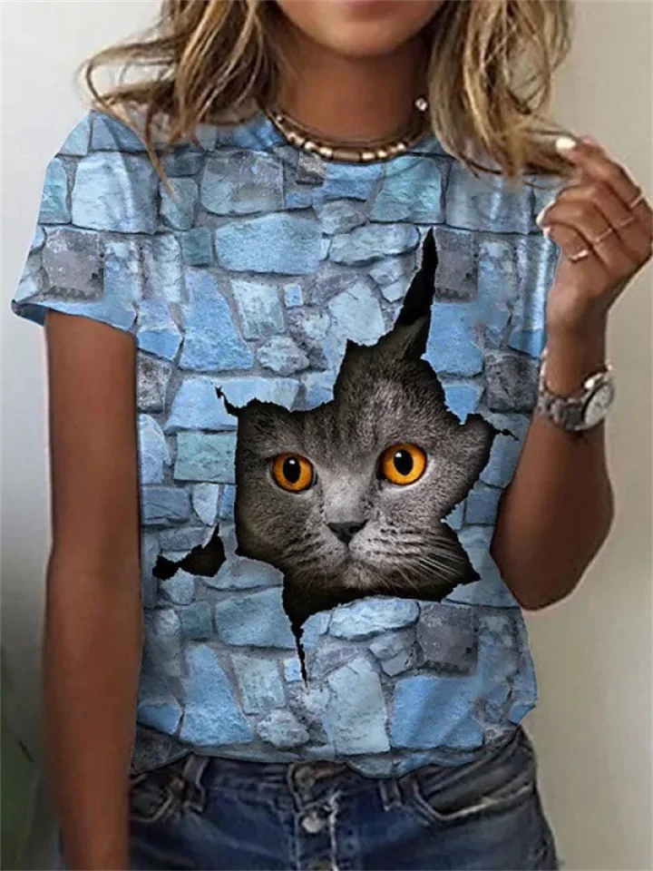 3D Effect Printing Short-sleeved Women's Casual T-shirt Blue Gray Pink Khaki