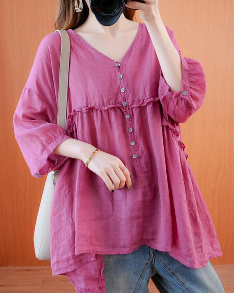 Ruffled Detail V Neck Row Of Buttons Half Sleeve Linen Top