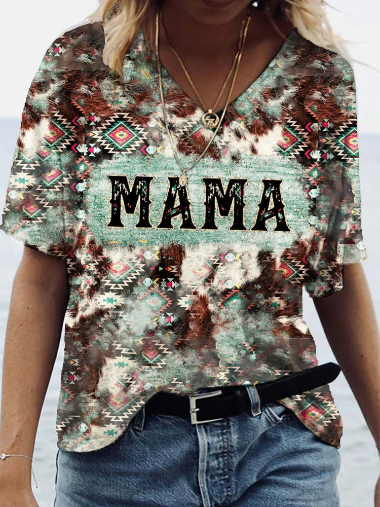 Comstylish MAMA Ethnic Print Casual Short Sleeve T-Shirt
