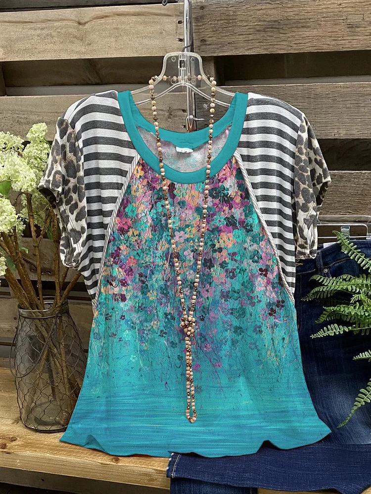 Bestdealfriday Abstract Floral Graphic Round Neck Short Sleeve Loose Top