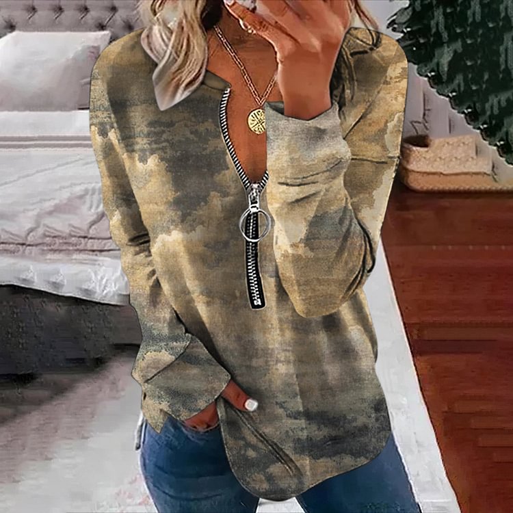 VChics Vintage Clouds Printed Zipper Long Sleeve Sweatshirt