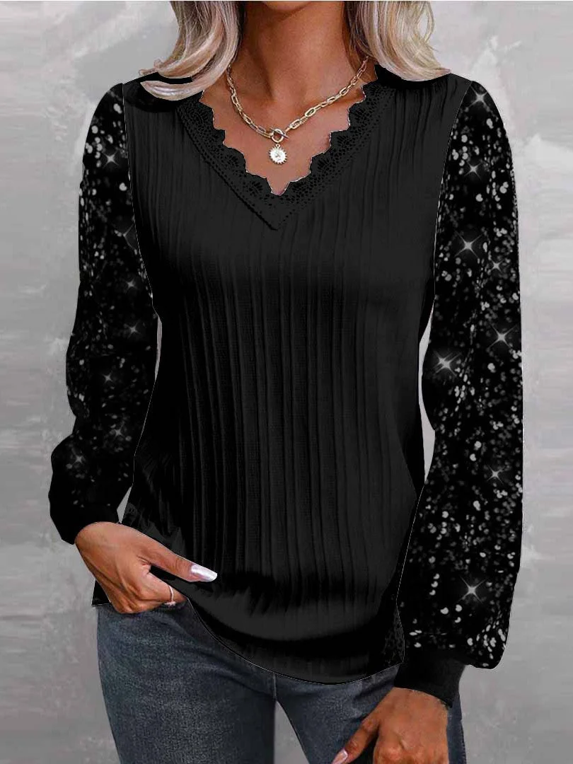 Women Long Sleeve V-neck Sequins Solid Lace Tops