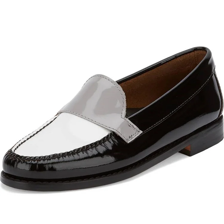 Black and White Loafers for Women Round Toe Comfortable Flats |FSJ Shoes