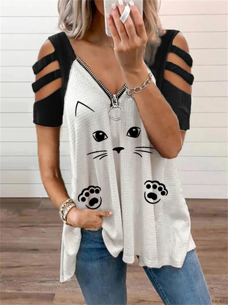 Lovely Cat Contrast Color Hollow Shoulder T Shirt