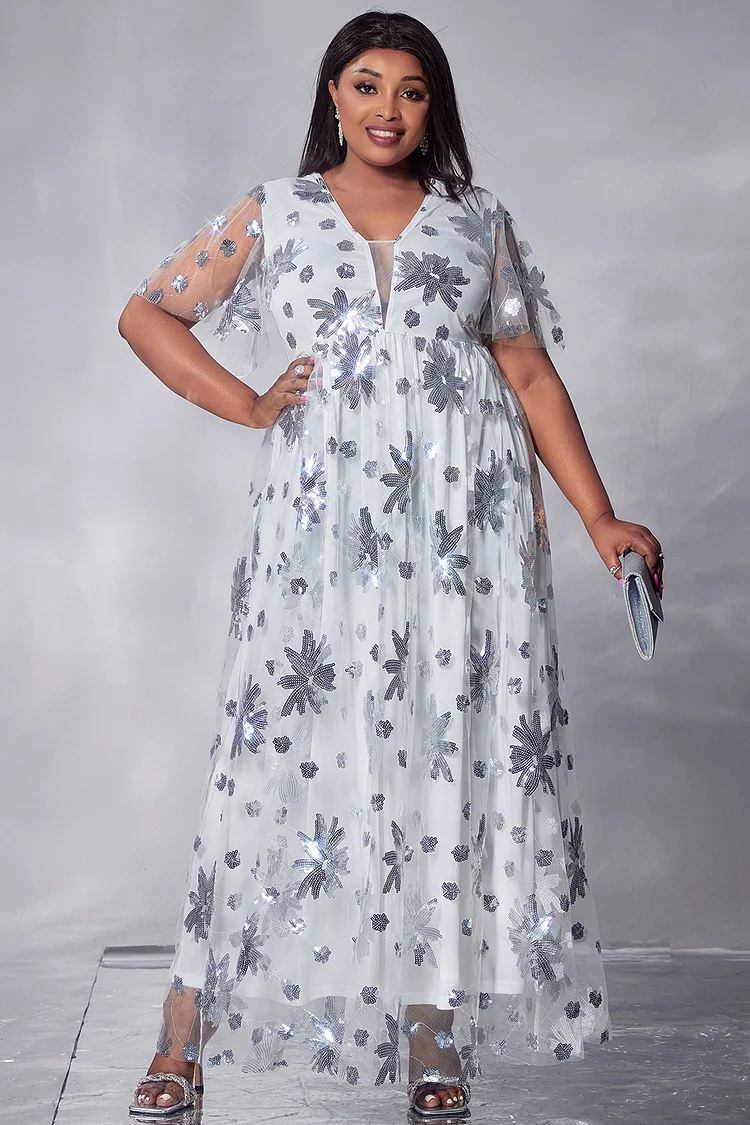 Plus Size Evening Maxi Dresses Elegant White V Neck Short Sleeve Sequin Sheer Maxi Dresses [Pre-Order]