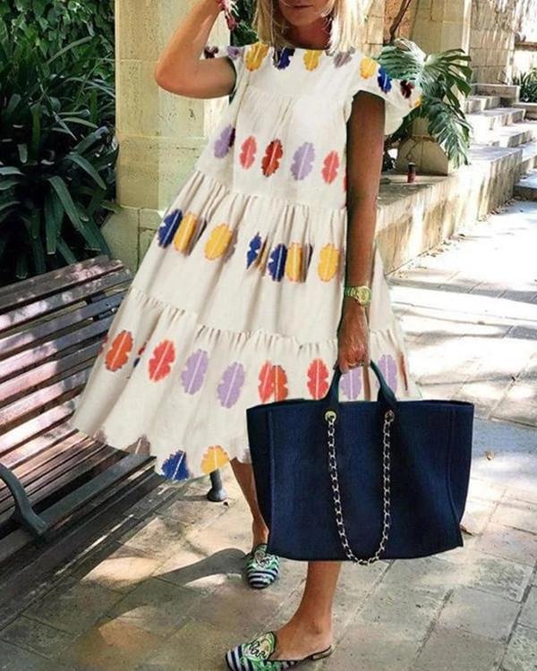 Colorful Geometric Print Loose Fluffy Midi Dress - Chicaggo