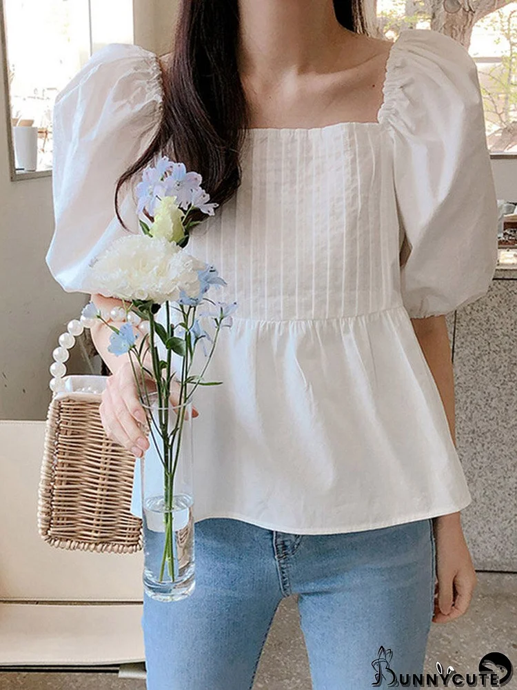 Solid Pleated Puff Sleeves Square Collar Blouse For Women